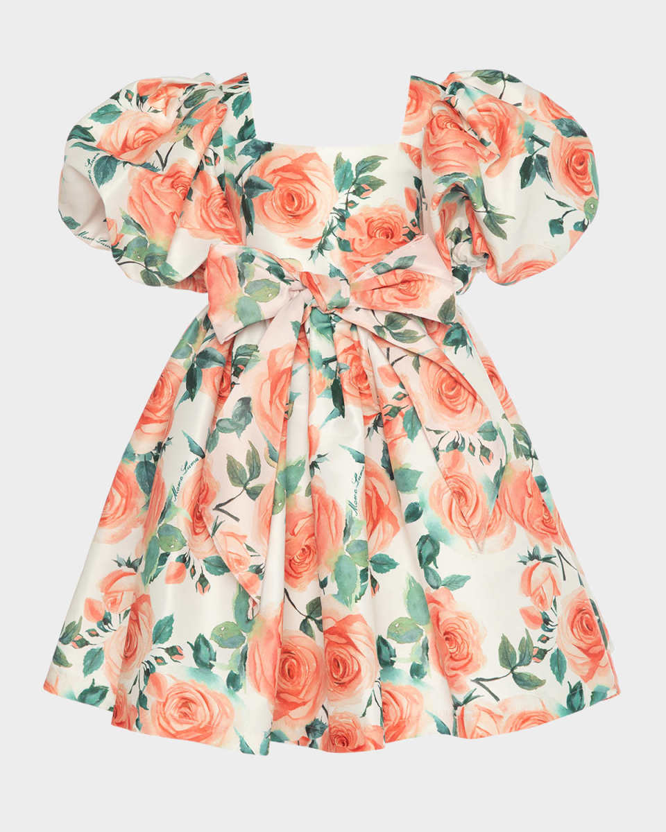 Girl's Rose Balloon-Sleeve Dress, SIze 3T-12